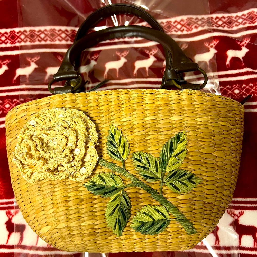 HARRODS KNIGHTSBRIDGE London natural straw bag 3D flower lined brown